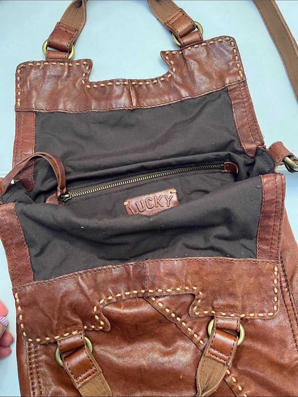 VINTAGE LUCKY BRAND ABBEY ROAD BROWN LAMB LEATHER FOLD-OVER CROSSBODY BAG - Picture 8 of 16